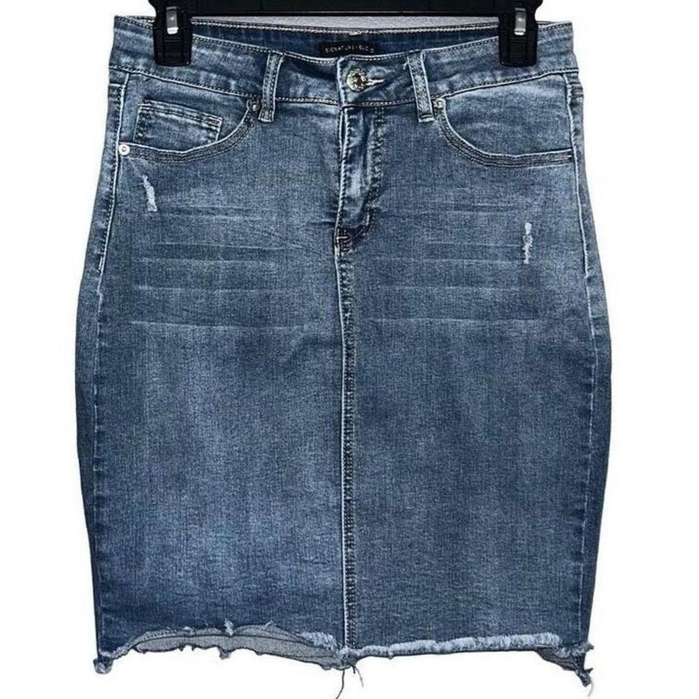 Signature Studio Womens Medium Wash Distressed Denim Mini Skirt Raw Hem Size 8
